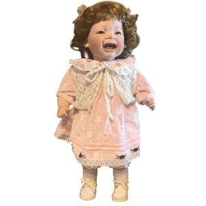 Collectible Porcelain Doll Smiling Girl Pink Dress Lace‎ Trim Clothes Cute